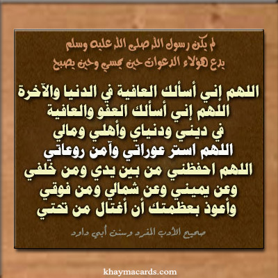 اللَّهُمَّ إِنِّى أَسْأَلُكَ الْعَافِيَةَ فِى الدُّنْيَا وَالآخِرَةِ اللَّهُمَّ إِنِّى أَسْأَلُكَ الْعَفْوَ وَالْعَافِيَةَ فِى دِينِى وَدُنْيَاىَ وَأَهْلِى وَمَالِى اللَّهُمَّ اسْتُرْ عَوْرَتِى 