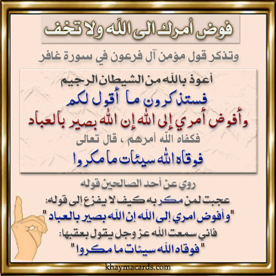 فَسَتَذْكُرُونَ مَا أَقُولُ لَكُمْ ۚ وَأُفَوِّضُ أَمْرِي إِلَى اللَّهِ ۚ إِنَّ اللَّهَ بَصِيرٌ بِالْعِبَادِ (44) فَوَقَاهُ اللَّهُ سَيِّئَاتِ مَا مَكَرُوا ۖ وَحَاقَ بِآلِ فِرْعَوْنَ سُوءُ الْعَذَابِ (45)